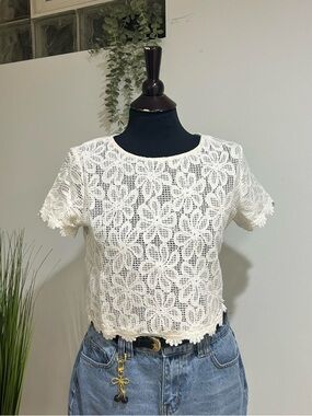 Esley White Floral Crochet Crop Top Cotton Blend Size Small